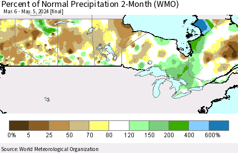 Canada Percent of Normal Precipitation 2-Month (WMO) Thematic Map For 3/6/2024 - 5/5/2024