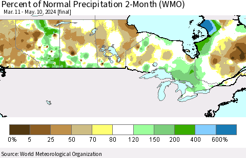 Canada Percent of Normal Precipitation 2-Month (WMO) Thematic Map For 3/11/2024 - 5/10/2024