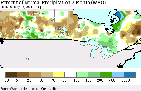 Canada Percent of Normal Precipitation 2-Month (WMO) Thematic Map For 3/16/2024 - 5/15/2024