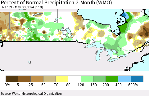 Canada Percent of Normal Precipitation 2-Month (WMO) Thematic Map For 3/21/2024 - 5/20/2024