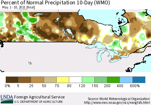 Canada Percent of Normal Precipitation 10-Day (WMO) Thematic Map For 5/1/2021 - 5/10/2021