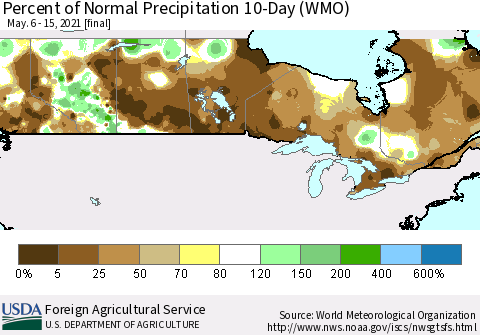 Canada Percent of Normal Precipitation 10-Day (WMO) Thematic Map For 5/6/2021 - 5/15/2021