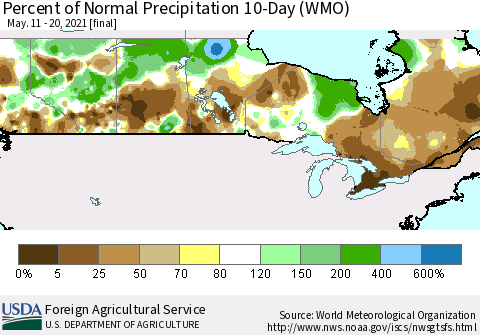 Canada Percent of Normal Precipitation 10-Day (WMO) Thematic Map For 5/11/2021 - 5/20/2021