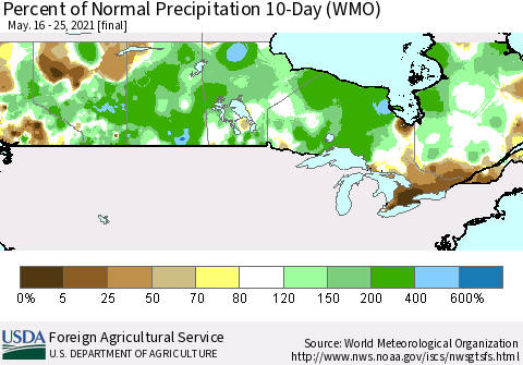 Canada Percent of Normal Precipitation 10-Day (WMO) Thematic Map For 5/16/2021 - 5/25/2021
