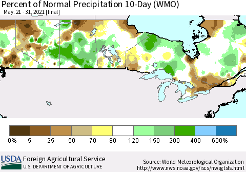Canada Percent of Normal Precipitation 10-Day (WMO) Thematic Map For 5/21/2021 - 5/31/2021