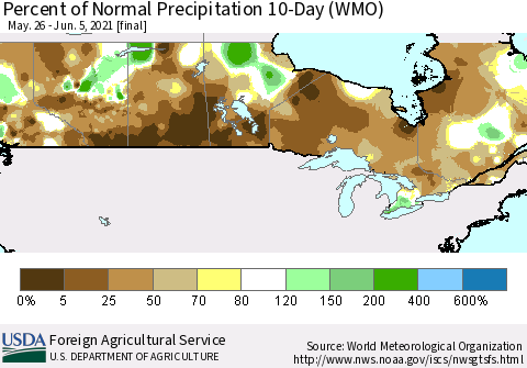 Canada Percent of Normal Precipitation 10-Day (WMO) Thematic Map For 5/26/2021 - 6/5/2021