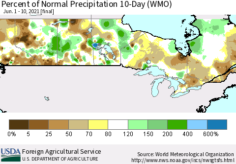 Canada Percent of Normal Precipitation 10-Day (WMO) Thematic Map For 6/1/2021 - 6/10/2021