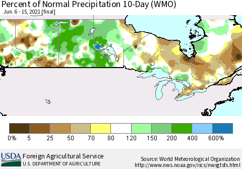 Canada Percent of Normal Precipitation 10-Day (WMO) Thematic Map For 6/6/2021 - 6/15/2021