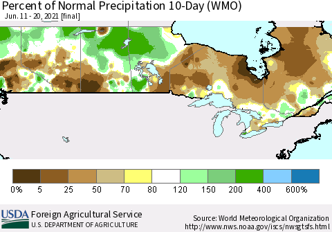 Canada Percent of Normal Precipitation 10-Day (WMO) Thematic Map For 6/11/2021 - 6/20/2021