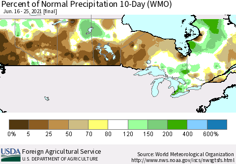 Canada Percent of Normal Precipitation 10-Day (WMO) Thematic Map For 6/16/2021 - 6/25/2021