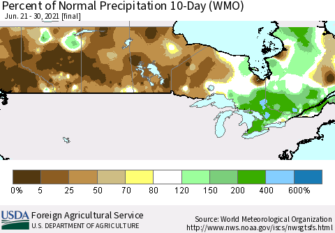 Canada Percent of Normal Precipitation 10-Day (WMO) Thematic Map For 6/21/2021 - 6/30/2021