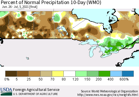 Canada Percent of Normal Precipitation 10-Day (WMO) Thematic Map For 6/26/2021 - 7/5/2021