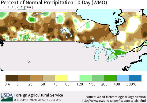 Canada Percent of Normal Precipitation 10-Day (WMO) Thematic Map For 7/1/2021 - 7/10/2021