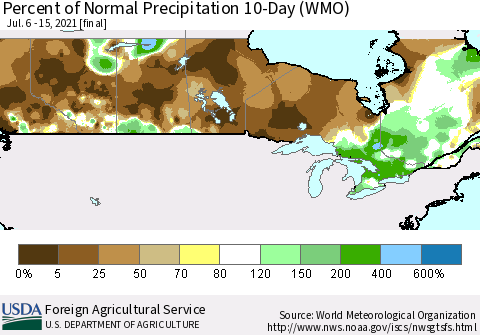 Canada Percent of Normal Precipitation 10-Day (WMO) Thematic Map For 7/6/2021 - 7/15/2021