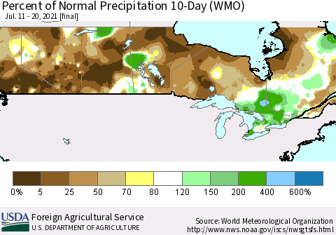 Canada Percent of Normal Precipitation 10-Day (WMO) Thematic Map For 7/11/2021 - 7/20/2021