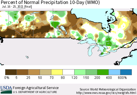 Canada Percent of Normal Precipitation 10-Day (WMO) Thematic Map For 7/16/2021 - 7/25/2021