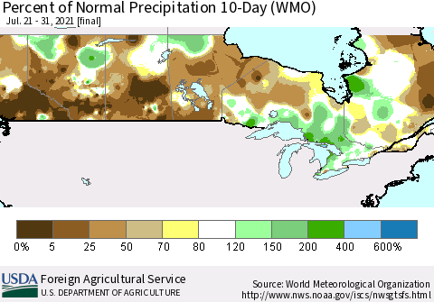 Canada Percent of Normal Precipitation 10-Day (WMO) Thematic Map For 7/21/2021 - 7/31/2021