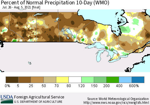 Canada Percent of Normal Precipitation 10-Day (WMO) Thematic Map For 7/26/2021 - 8/5/2021