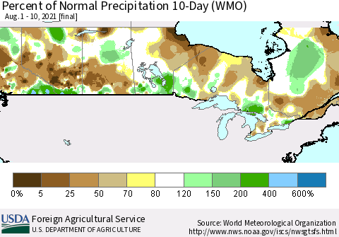 Canada Percent of Normal Precipitation 10-Day (WMO) Thematic Map For 8/1/2021 - 8/10/2021