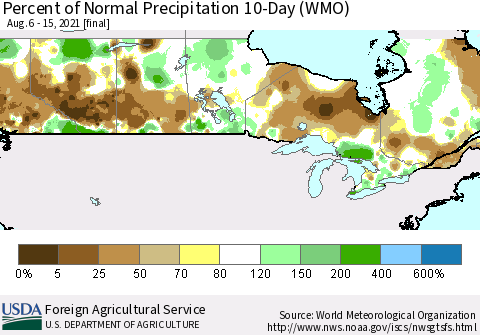 Canada Percent of Normal Precipitation 10-Day (WMO) Thematic Map For 8/6/2021 - 8/15/2021