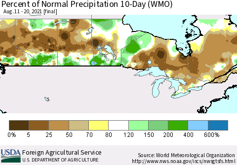 Canada Percent of Normal Precipitation 10-Day (WMO) Thematic Map For 8/11/2021 - 8/20/2021