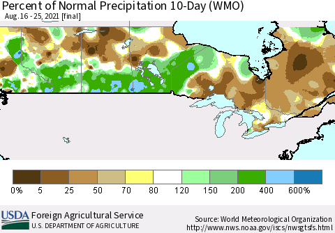 Canada Percent of Normal Precipitation 10-Day (WMO) Thematic Map For 8/16/2021 - 8/25/2021