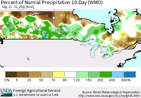 Canada Percent of Normal Precipitation 10-Day (WMO) Thematic Map For 8/21/2021 - 8/31/2021