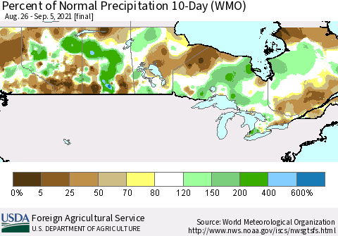 Canada Percent of Normal Precipitation 10-Day (WMO) Thematic Map For 8/26/2021 - 9/5/2021