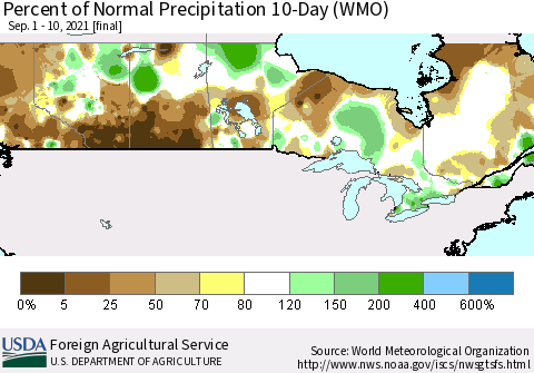 Canada Percent of Normal Precipitation 10-Day (WMO) Thematic Map For 9/1/2021 - 9/10/2021