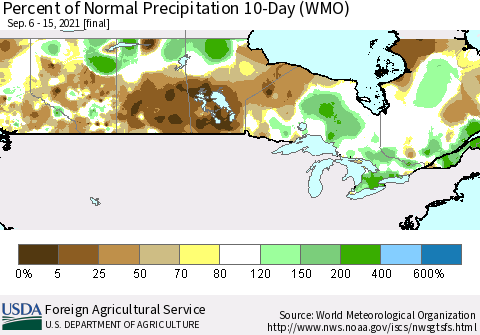 Canada Percent of Normal Precipitation 10-Day (WMO) Thematic Map For 9/6/2021 - 9/15/2021