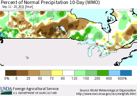 Canada Percent of Normal Precipitation 10-Day (WMO) Thematic Map For 9/11/2021 - 9/20/2021