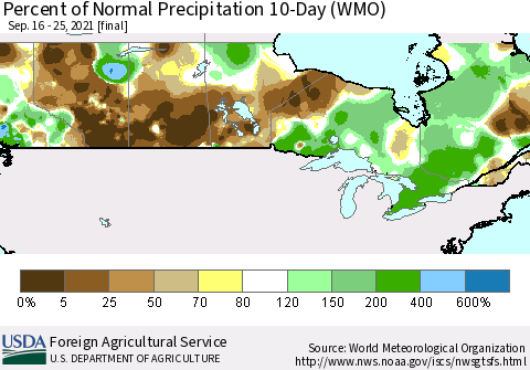 Canada Percent of Normal Precipitation 10-Day (WMO) Thematic Map For 9/16/2021 - 9/25/2021