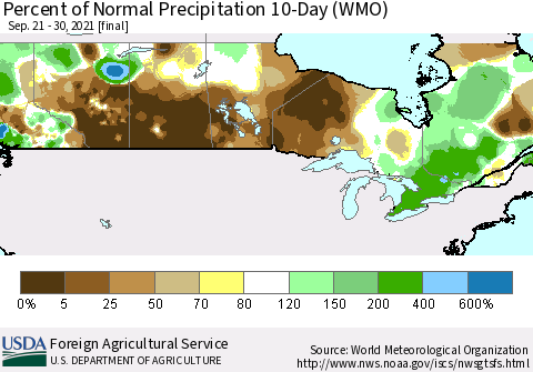 Canada Percent of Normal Precipitation 10-Day (WMO) Thematic Map For 9/21/2021 - 9/30/2021