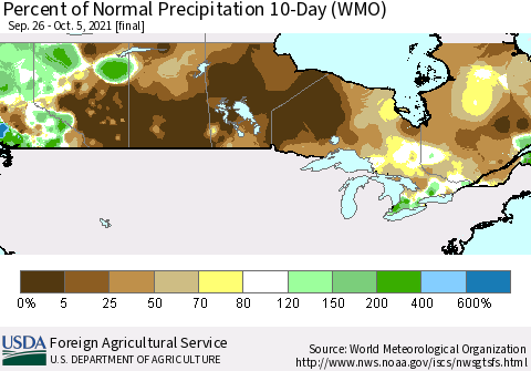 Canada Percent of Normal Precipitation 10-Day (WMO) Thematic Map For 9/26/2021 - 10/5/2021