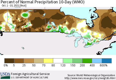 Canada Percent of Normal Precipitation 10-Day (WMO) Thematic Map For 10/1/2021 - 10/10/2021