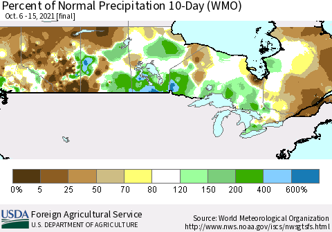 Canada Percent of Normal Precipitation 10-Day (WMO) Thematic Map For 10/6/2021 - 10/15/2021