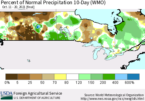 Canada Percent of Normal Precipitation 10-Day (WMO) Thematic Map For 10/11/2021 - 10/20/2021