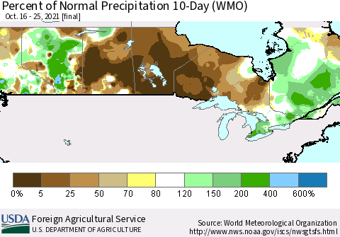 Canada Percent of Normal Precipitation 10-Day (WMO) Thematic Map For 10/16/2021 - 10/25/2021