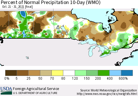Canada Percent of Normal Precipitation 10-Day (WMO) Thematic Map For 10/21/2021 - 10/31/2021