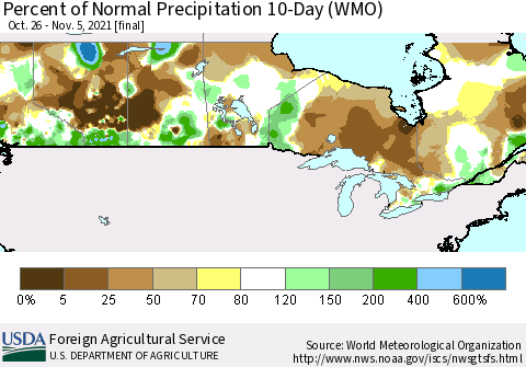 Canada Percent of Normal Precipitation 10-Day (WMO) Thematic Map For 10/26/2021 - 11/5/2021