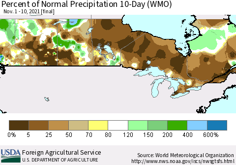 Canada Percent of Normal Precipitation 10-Day (WMO) Thematic Map For 11/1/2021 - 11/10/2021