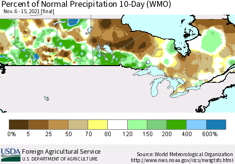 Canada Percent of Normal Precipitation 10-Day (WMO) Thematic Map For 11/6/2021 - 11/15/2021