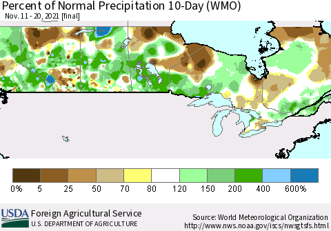 Canada Percent of Normal Precipitation 10-Day (WMO) Thematic Map For 11/11/2021 - 11/20/2021