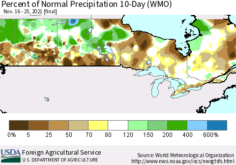 Canada Percent of Normal Precipitation 10-Day (WMO) Thematic Map For 11/16/2021 - 11/25/2021