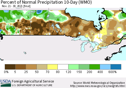 Canada Percent of Normal Precipitation 10-Day (WMO) Thematic Map For 11/21/2021 - 11/30/2021
