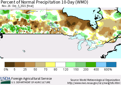 Canada Percent of Normal Precipitation 10-Day (WMO) Thematic Map For 11/26/2021 - 12/5/2021