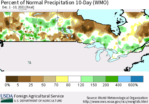 Canada Percent of Normal Precipitation 10-Day (WMO) Thematic Map For 12/1/2021 - 12/10/2021
