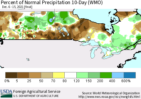 Canada Percent of Normal Precipitation 10-Day (WMO) Thematic Map For 12/6/2021 - 12/15/2021