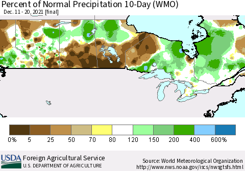Canada Percent of Normal Precipitation 10-Day (WMO) Thematic Map For 12/11/2021 - 12/20/2021