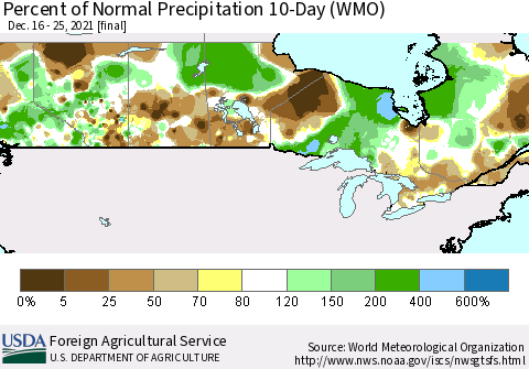 Canada Percent of Normal Precipitation 10-Day (WMO) Thematic Map For 12/16/2021 - 12/25/2021